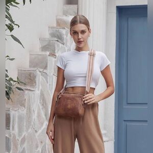 Women's Tan Leather-Look Crossbody Bag with Adjustable Strap